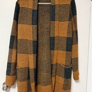 Revolution Checkered Open Front Cardigan - Brown and Black